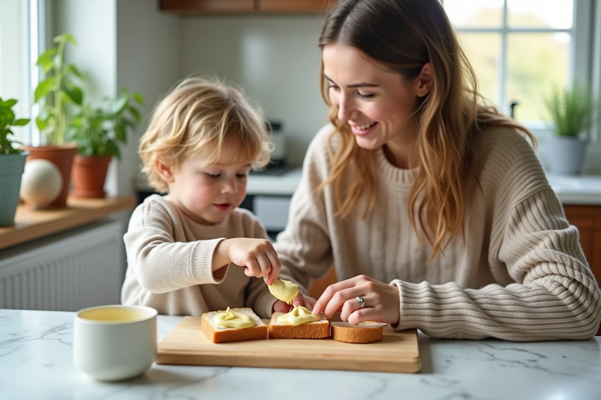 Maman et enfant partageant mayonnaise sur des sandwichs