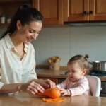 Jeune maman peignant une patate douce avec bébé curieux