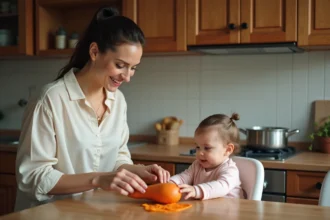 Jeune maman peignant une patate douce avec bébé curieux