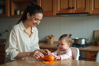 Jeune maman peignant une patate douce avec bébé curieux
