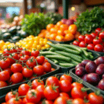 Stand de marché avec fruits et légumes V colorés et frais
