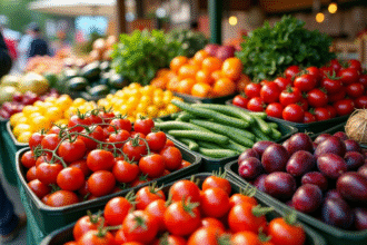 Stand de marché avec fruits et légumes V colorés et frais