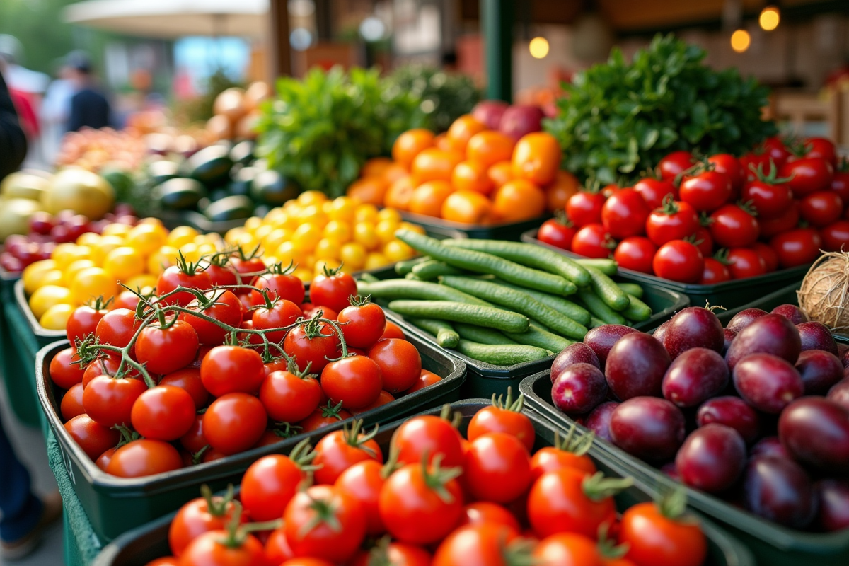 Stand de marché avec fruits et légumes V colorés et frais