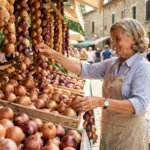 Marchande de légumes présentant des tresses d'oignons dorés et violets sur un marché de village lors de la Fête de l'Oignon en France