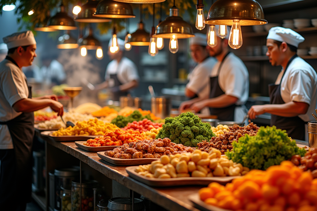 Marché alimentaire animé avec chefs et ingrédients frais