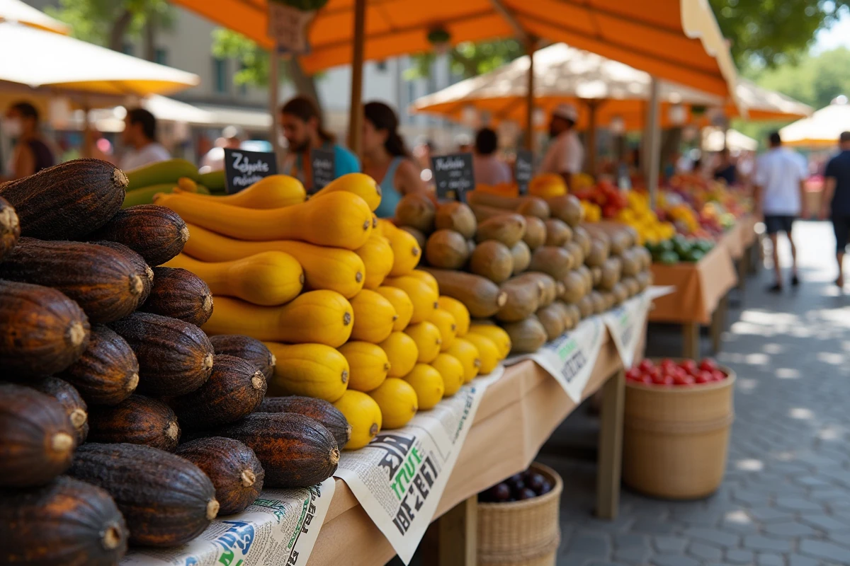Étal de marché exotique en plein air présentant des fruits et légumes rares en Z comme la zapote, les fleurs de courgette et la zédoaire avec étiquettes en français