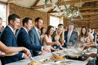 Groupe d invités élégants dégustant des pâtes fraîches lors d’un mariage