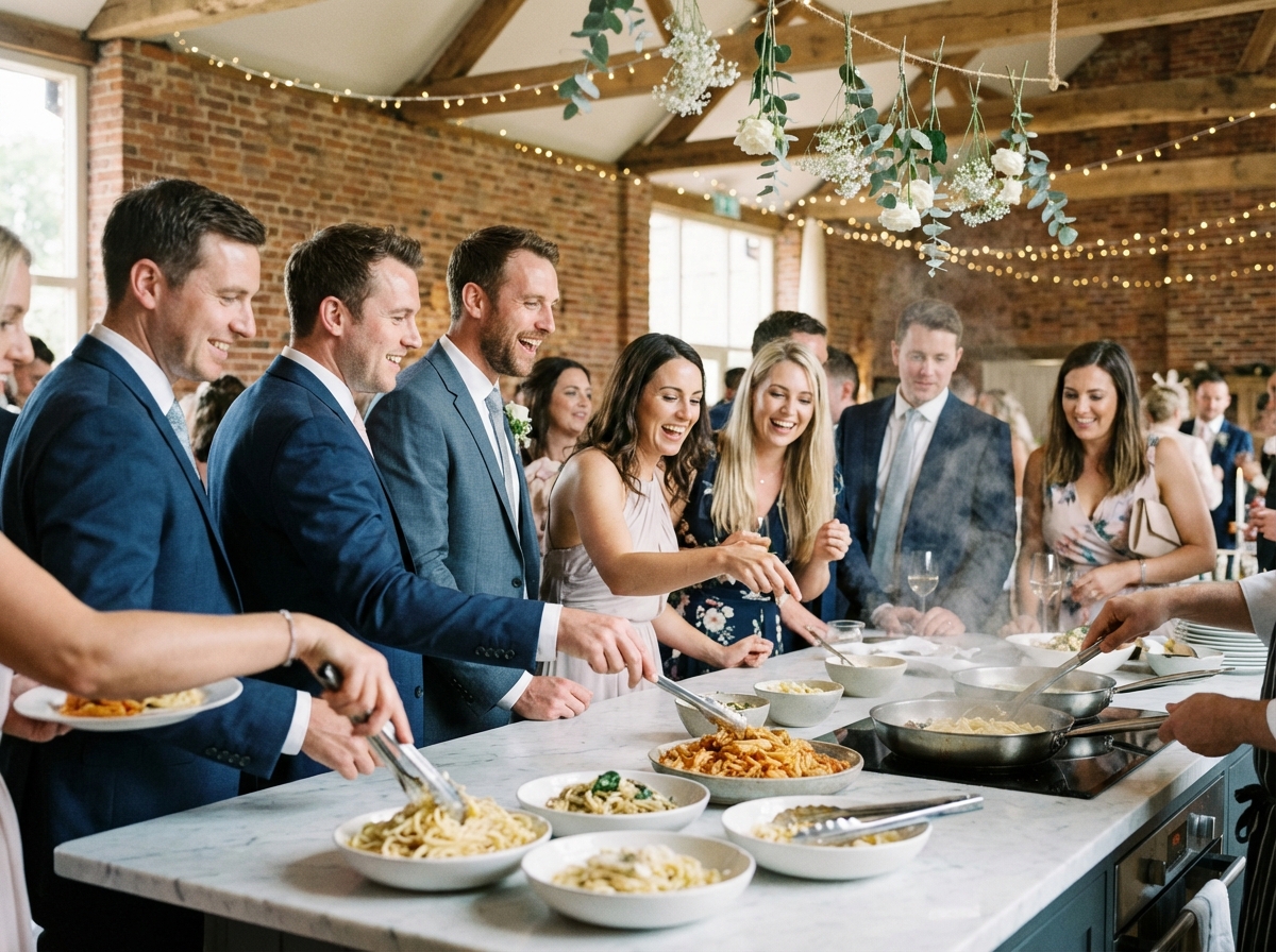 Groupe d invités élégants dégustant des pâtes fraîches lors d’un mariage
