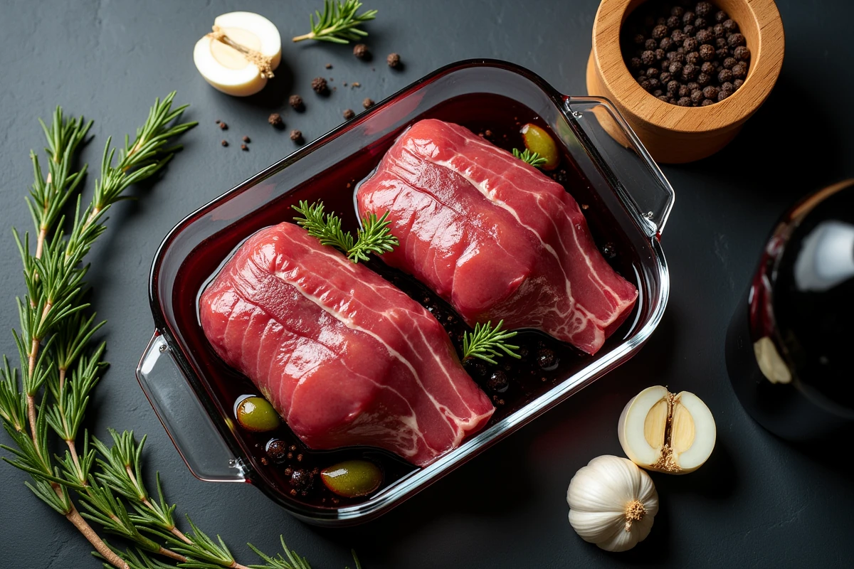 Vue aérienne d'une marinade de chevreuil aux herbes et vin rouge dans un plat en verre sur ardoise noire