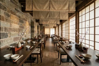Vue panoramique d'un restaurant japonais gastronomique en Auvergne-Rhône-Alpes, mêlant architecture française et décor japonais épuré