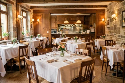Intérieur d'un restaurant gastronomique en Moselle avec tables dressées et décor raffiné
