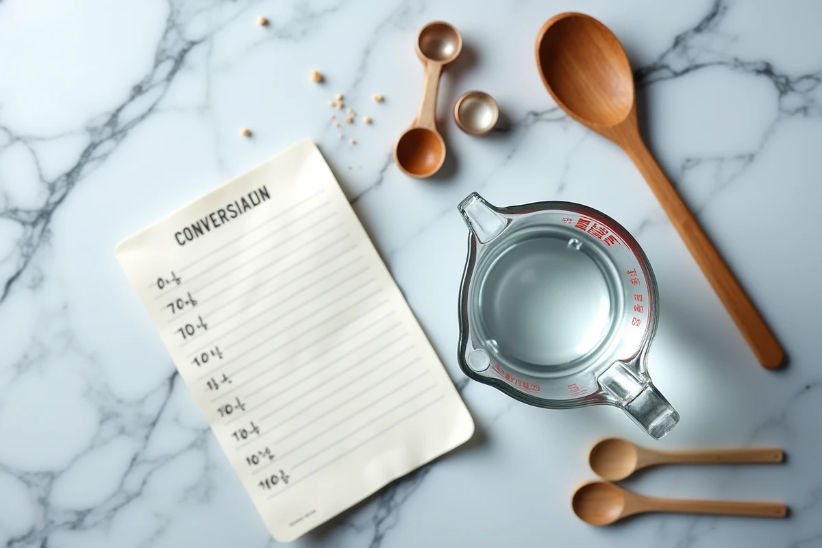 Vue aérienne d'une tasse graduée à 10 cl sur plan de travail en marbre avec un mémo de conversion manuscrit et des cuillères doseuses