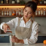 Femme mesurant 10ml de liquide avec un jigger en verre pour préparer un cocktail maison dans une cuisine moderne