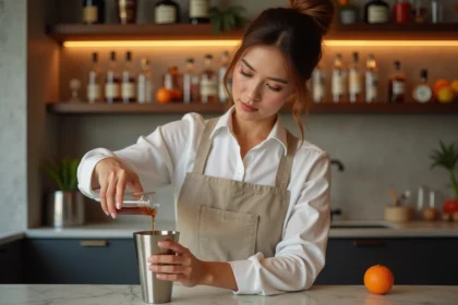 Femme mesurant 10ml de liquide avec un jigger en verre pour préparer un cocktail maison dans une cuisine moderne