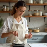 Femme mesurant des ingrédients en grammes sur une balance de cuisine numérique, comparant avec une recette manuscrite pour convertir grammes en centilitres