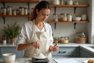 Femme mesurant des ingrédients en grammes sur une balance de cuisine numérique, comparant avec une recette manuscrite pour convertir grammes en centilitres