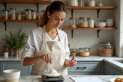 Femme mesurant des ingrédients en grammes sur une balance de cuisine numérique, comparant avec une recette manuscrite pour convertir grammes en centilitres
