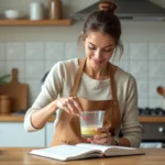 Femme mesurant un liquide dans une cuisine lumineuse