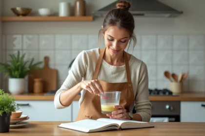Femme mesurant un liquide dans une cuisine lumineuse