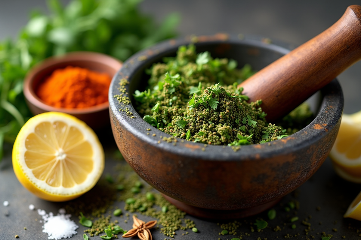 Mortier et pilon avec épices et herbes fraîches