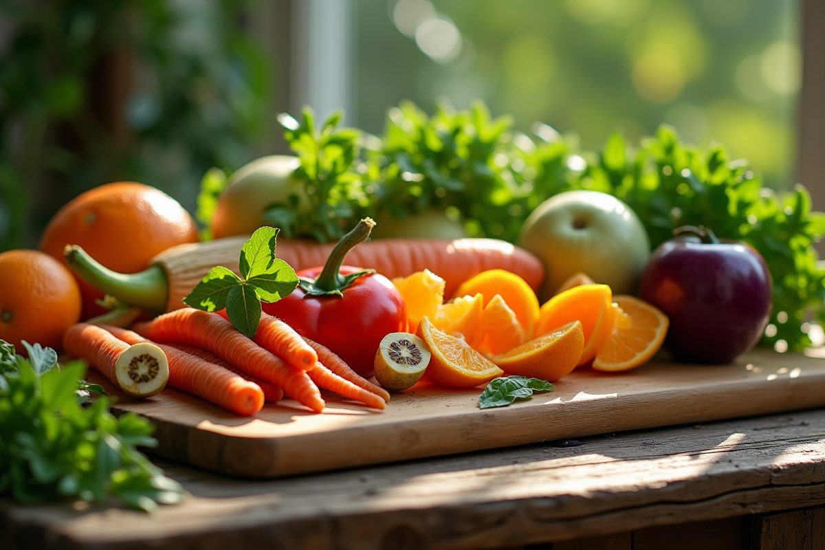 Composition de légumes et fruits V en nature morte avec feuillage