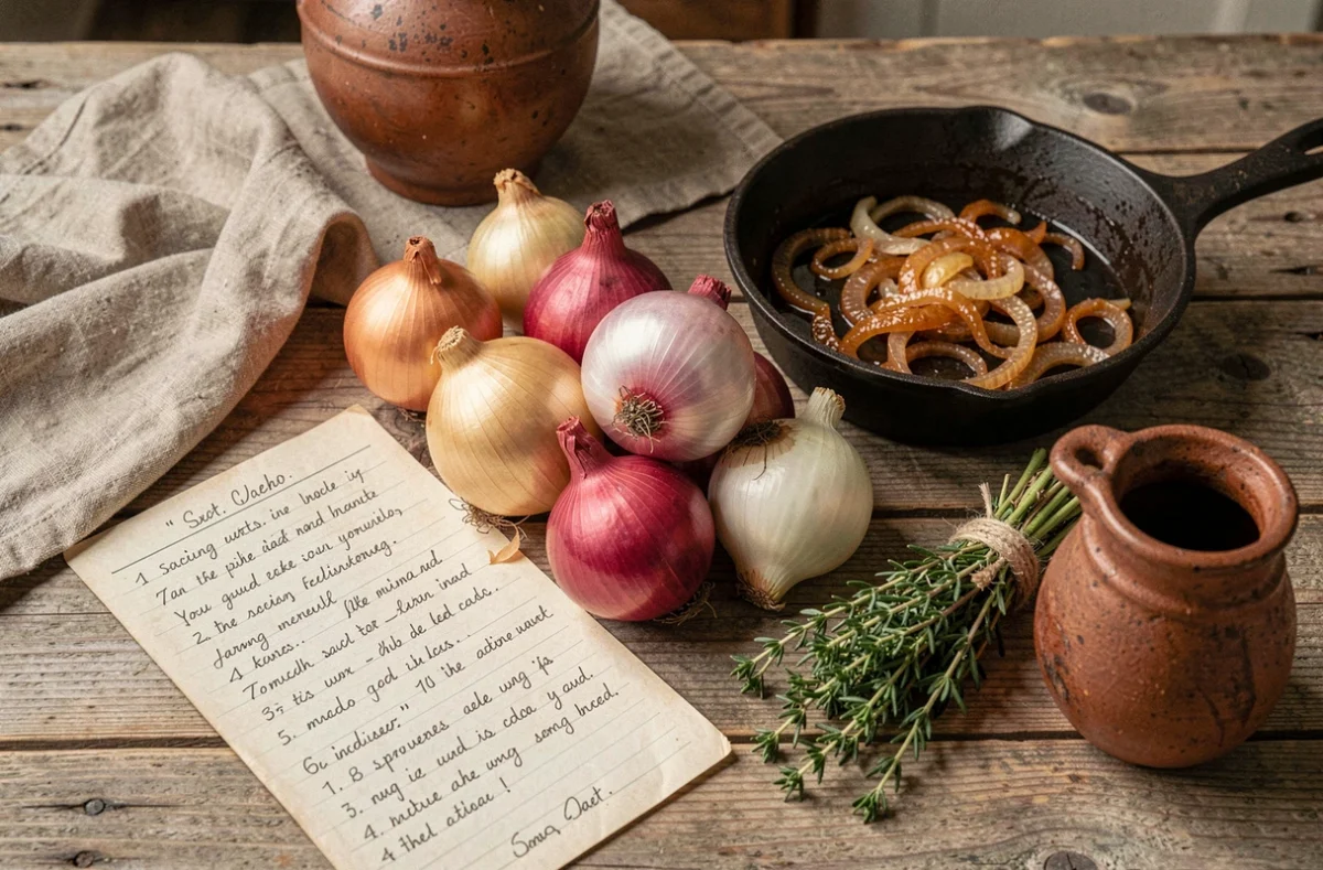 Nature morte rustique avec oignons frais, poêle en fonte et carnets de recettes sur une table de ferme française pour la Fête de l'Oignon