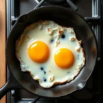 Œufs au plat trop cuits dans une poêle en fonte avec blancs caoutchouteux et jaunes ternes, erreur de cuisson courante