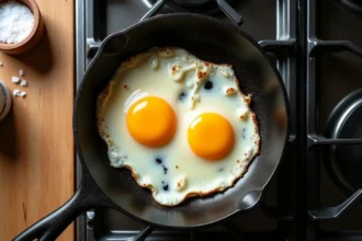 Œufs au plat trop cuits dans une poêle en fonte avec blancs caoutchouteux et jaunes ternes, erreur de cuisson courante