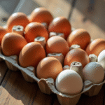 Groupe d'oeufs dans un carton en bois sur une table rustique