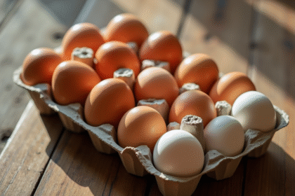 Groupe d'oeufs dans un carton en bois sur une table rustique