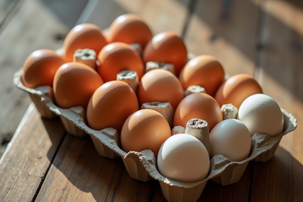Groupe d'oeufs dans un carton en bois sur une table rustique