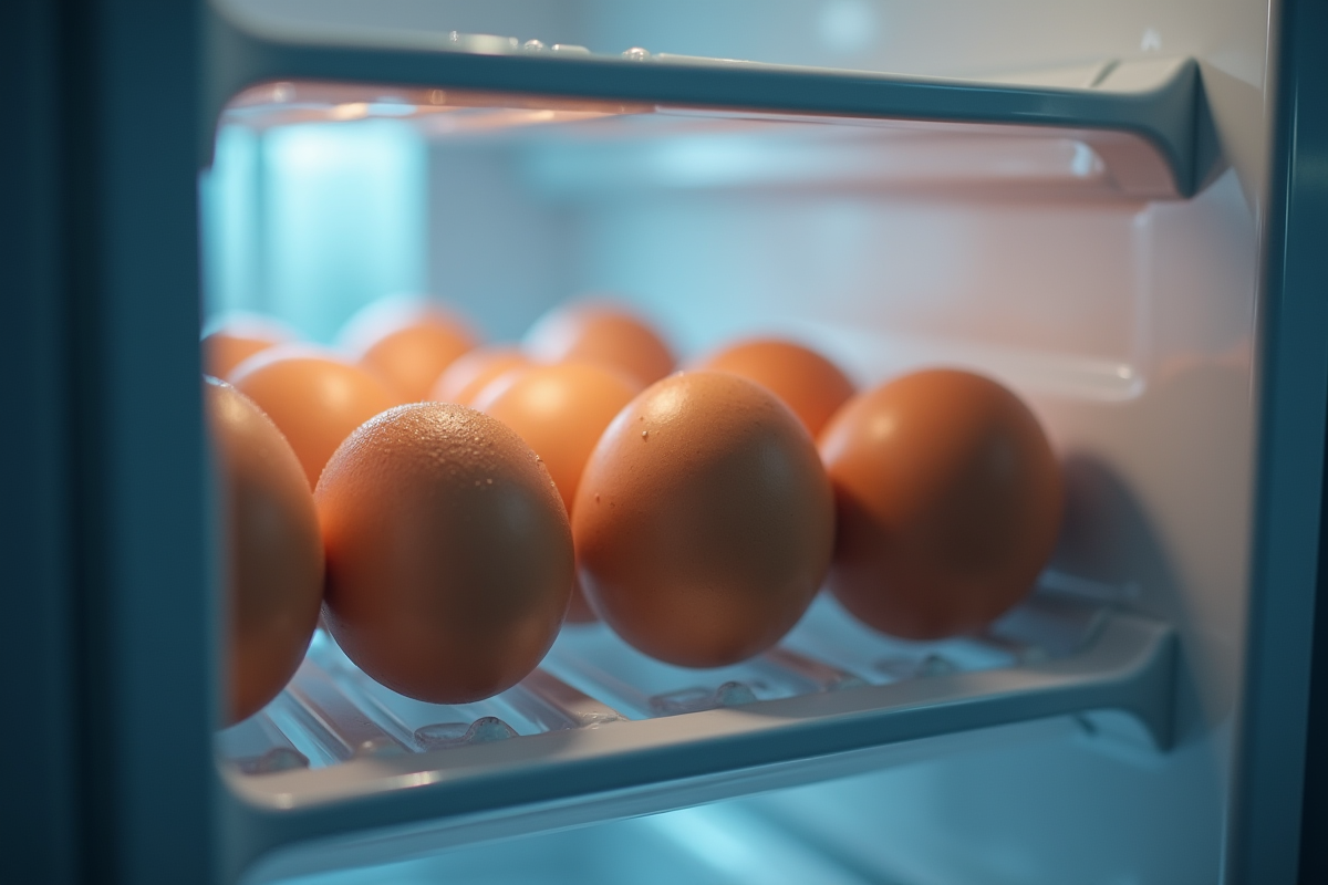 Oeufs dans un réfrigérateur avec condensation et éclairage froid