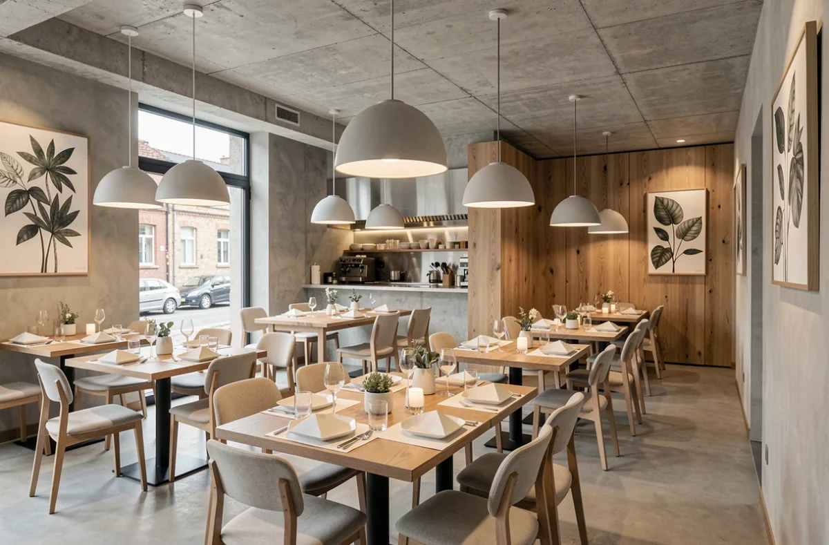 Salle contemporaine du restaurant L'Opidom à Fondettes avec design minimaliste, tables géométriques et cuisine ouverte visible en arrière-plan