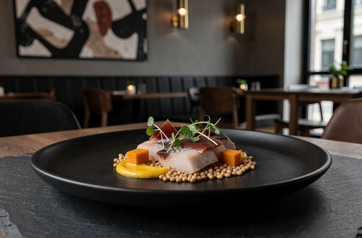 Assiette gastronomique contemporaine avec éléments géométriques, poisson local et micro-pousses sur céramique noire mate au restaurant Orbys à Châteauroux
