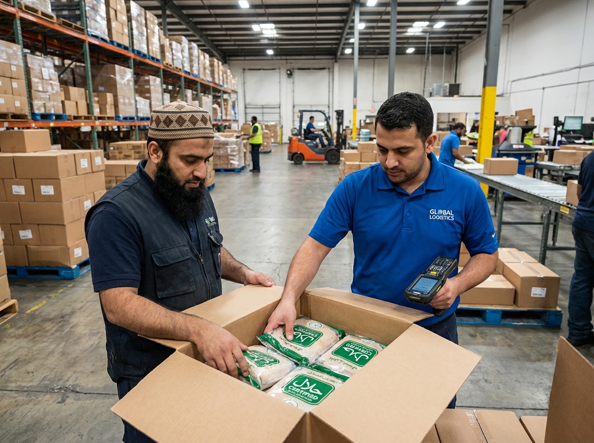 Deux hommes au entrepôt emballent des produits halal