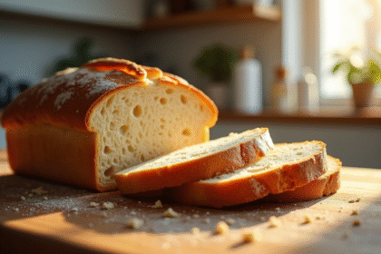 Pain rustique tranché sur plan de travail en bois