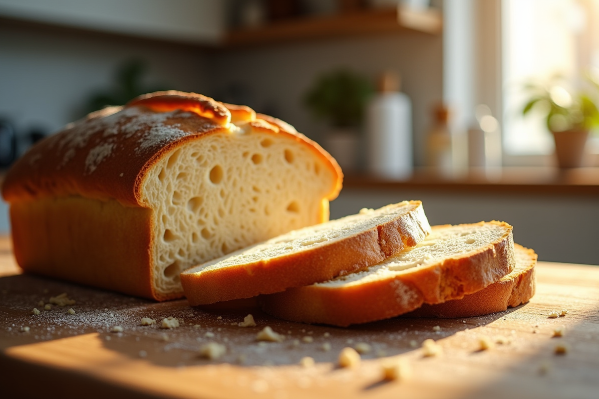 Pain rustique tranché sur plan de travail en bois