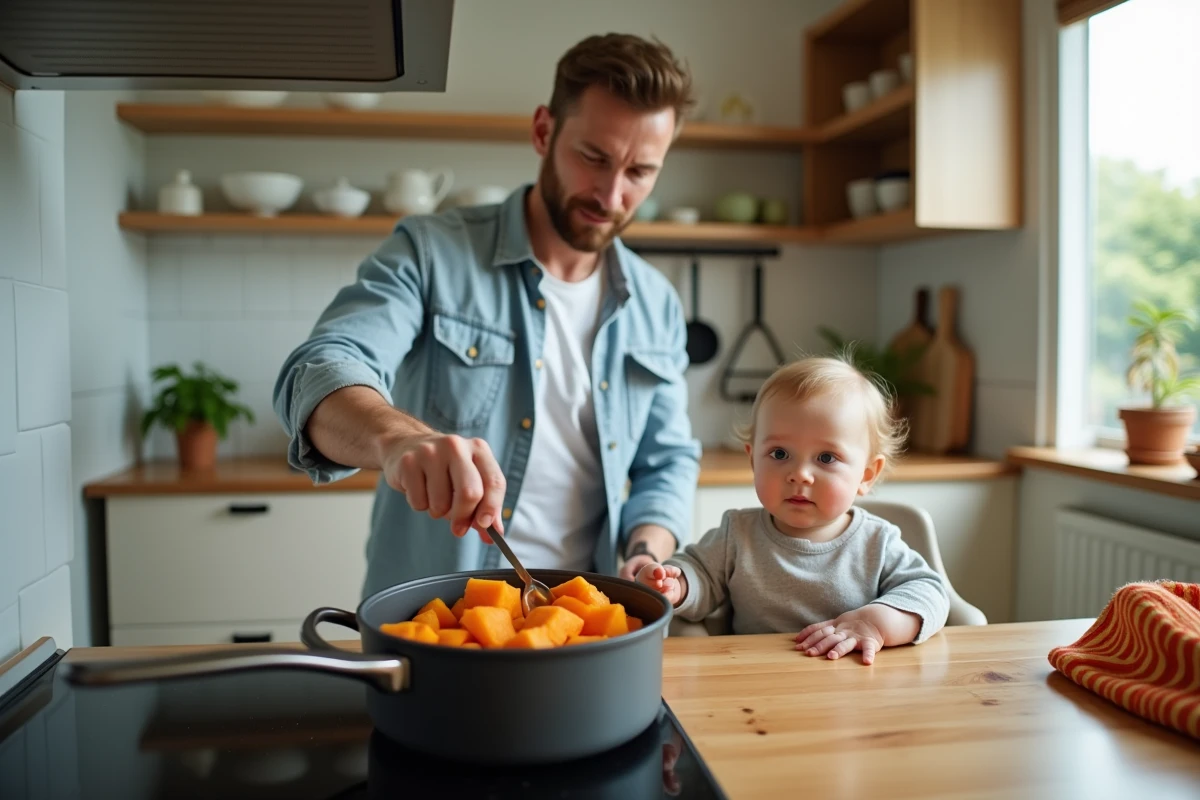 Père cuisinant des cubes de patate douce avec bébé à la table