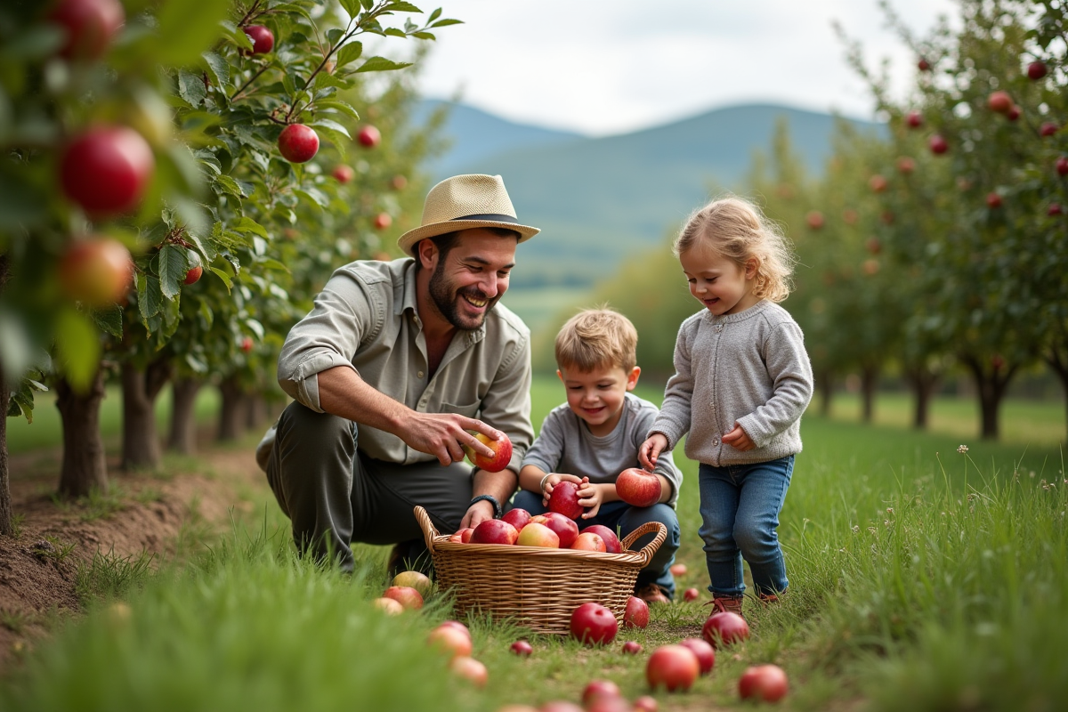 Pere et enfants cueillant des pommes dans un verger verdoyant
