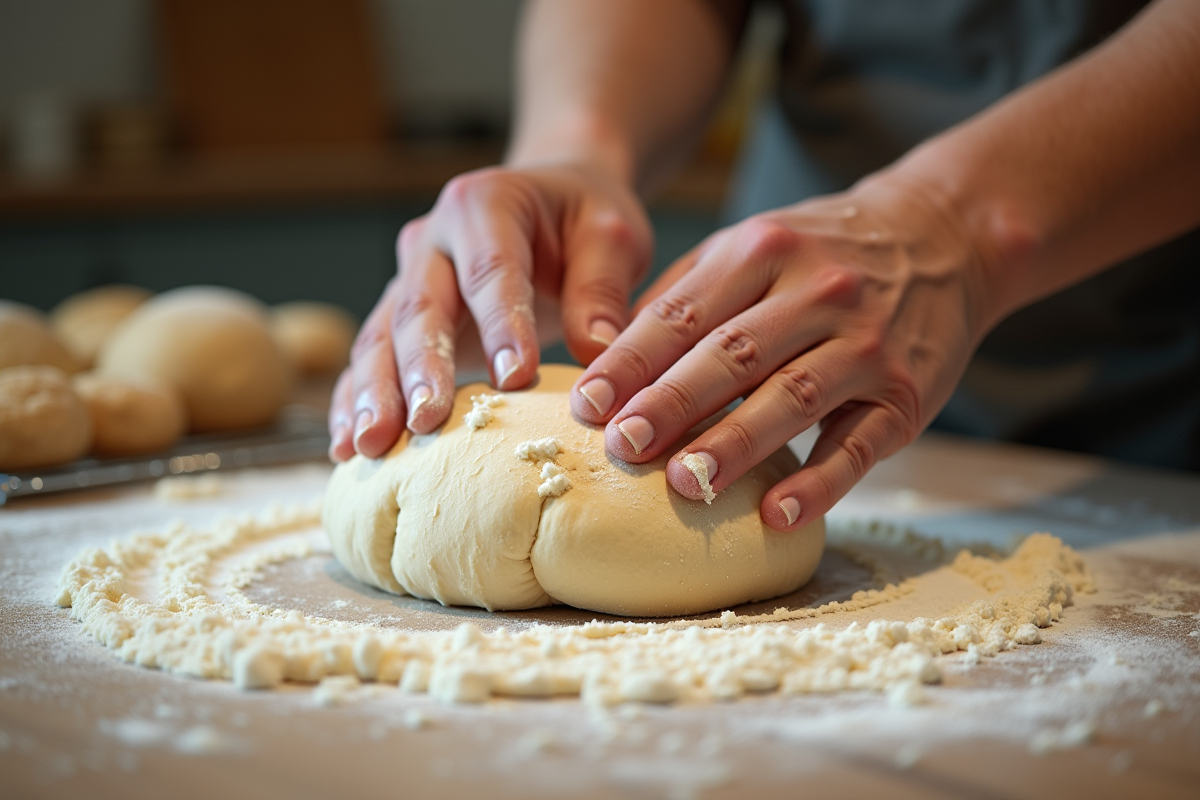 Mains de boulanger façonnant la pâte à farine