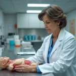 Pathologiste femme examinant un modele anatomique en laboratoire