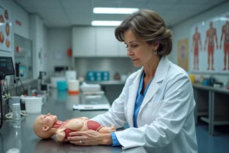 Pathologiste femme examinant un modele anatomique en laboratoire