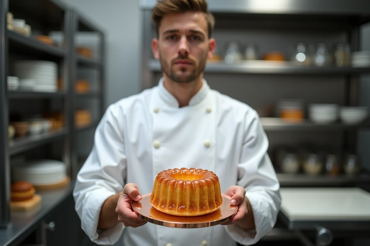 Jeune chef tenant un moule en cuivre de canelé