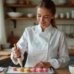 Femme pâtissière en blanc pipant des macarons colorés