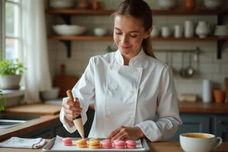 Femme pâtissière en blanc pipant des macarons colorés