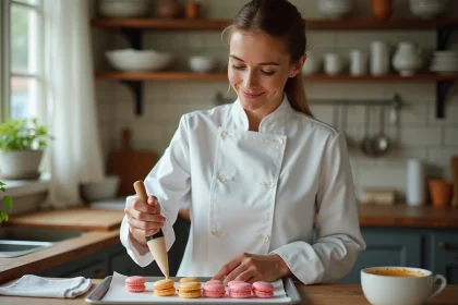 Femme pâtissière en blanc pipant des macarons colorés