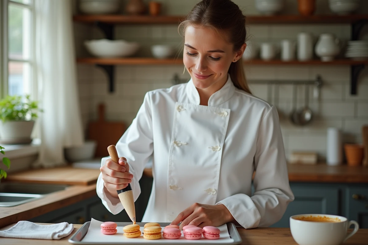 Femme pâtissière en blanc pipant des macarons colorés