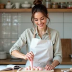 Femme souriante en cuisine préparant des macarons pastel