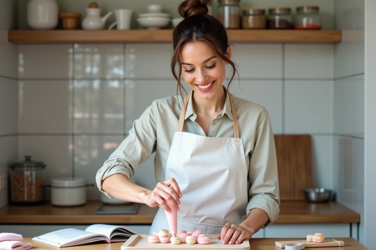 Femme souriante en cuisine préparant des macarons pastel