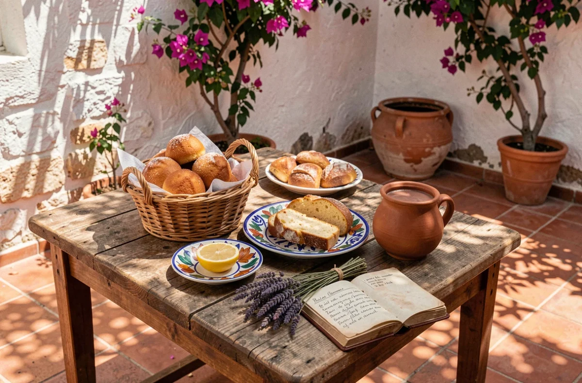 Table de pâtisseries espagnoles traditionnelles en plein air dans un patio andalou avec magdalenas, bizcocho et carnet de recettes de grand-mère